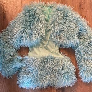 Women’s Fluffy teal blue mini dress, and jacket set. Like new XS